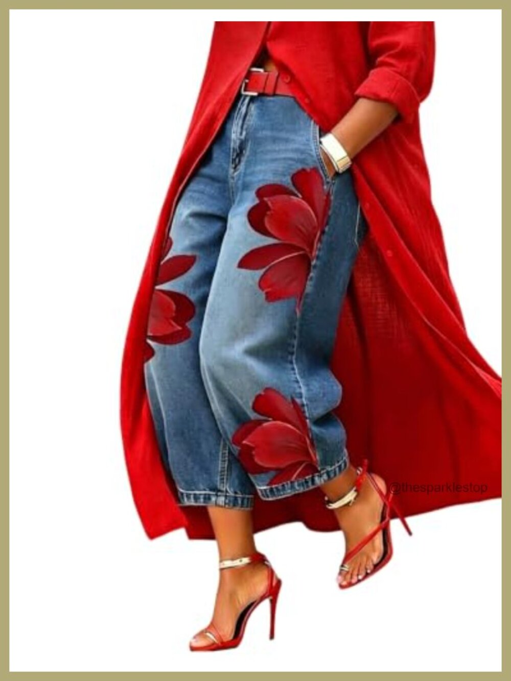 Women's Floral High Waisted Wide Leg Barrel Jeans Cropped Baggy Denim Pants